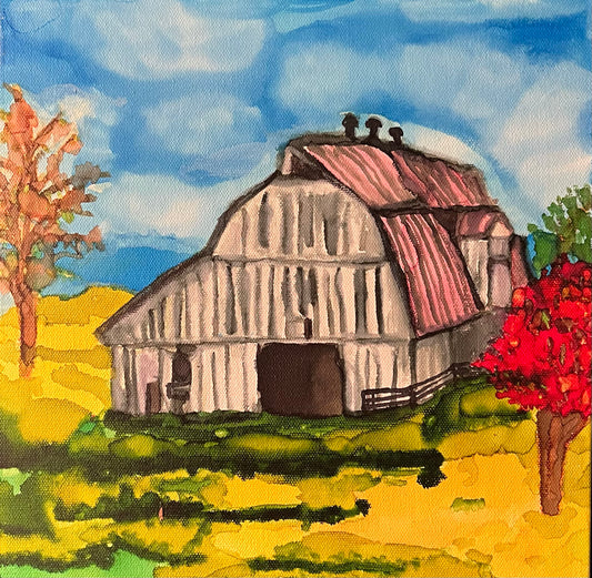Barn Off The Rural Road Original Alcohol Ink Landscape Painting