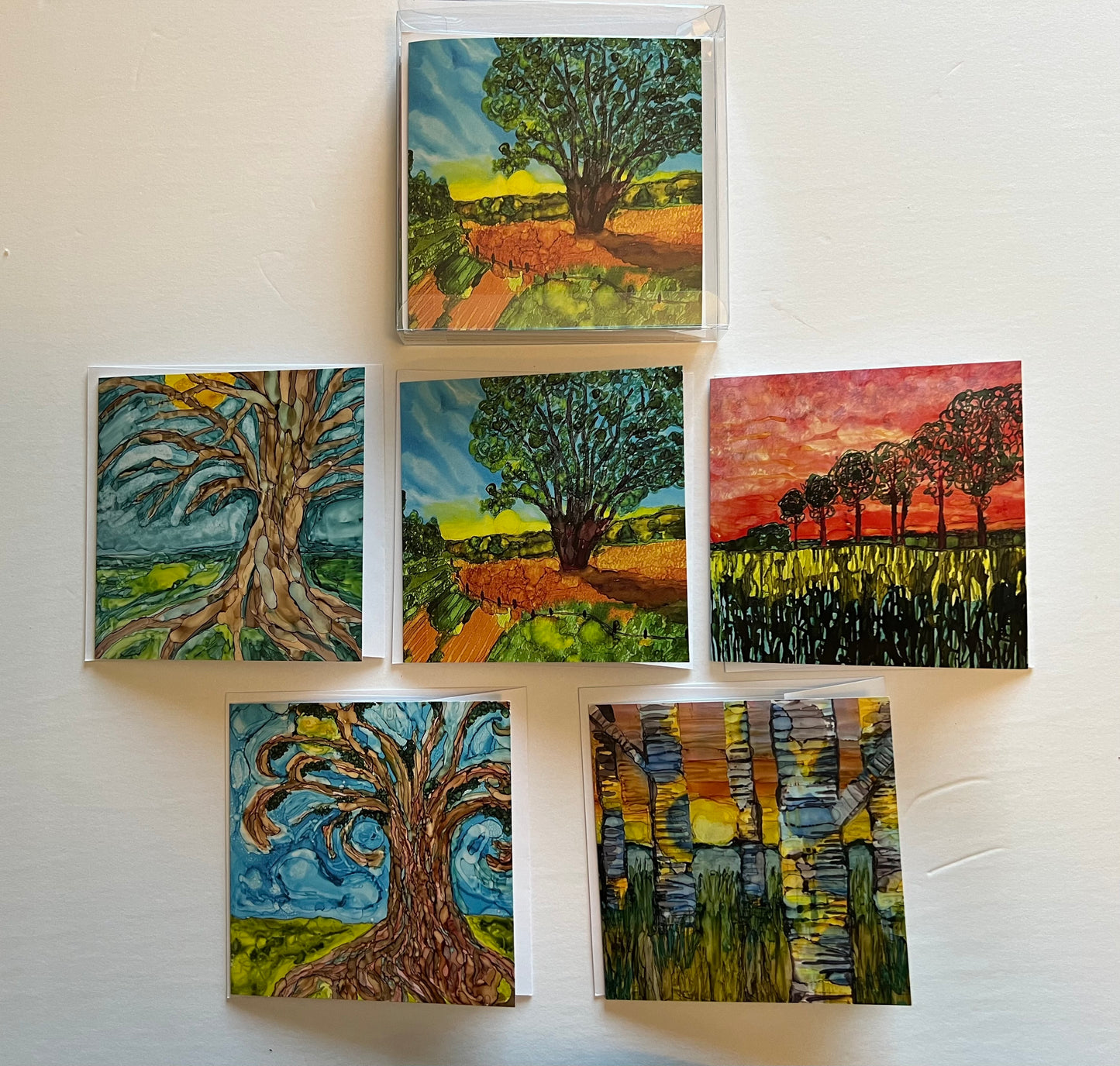 Boxed Set of 5 Printed Cards from Alcohol Ink Paintings Tree Collection