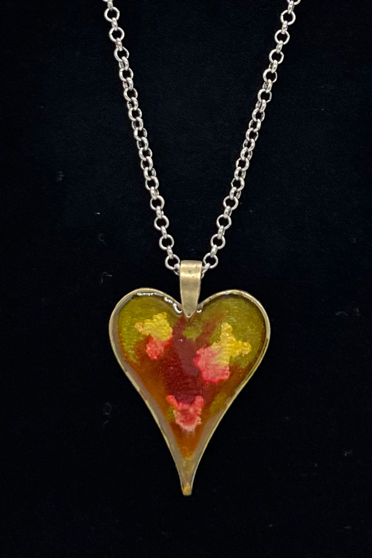 Heart Pendant Necklace (bronze) with green, yellow, red, gold Original Jewelry Art