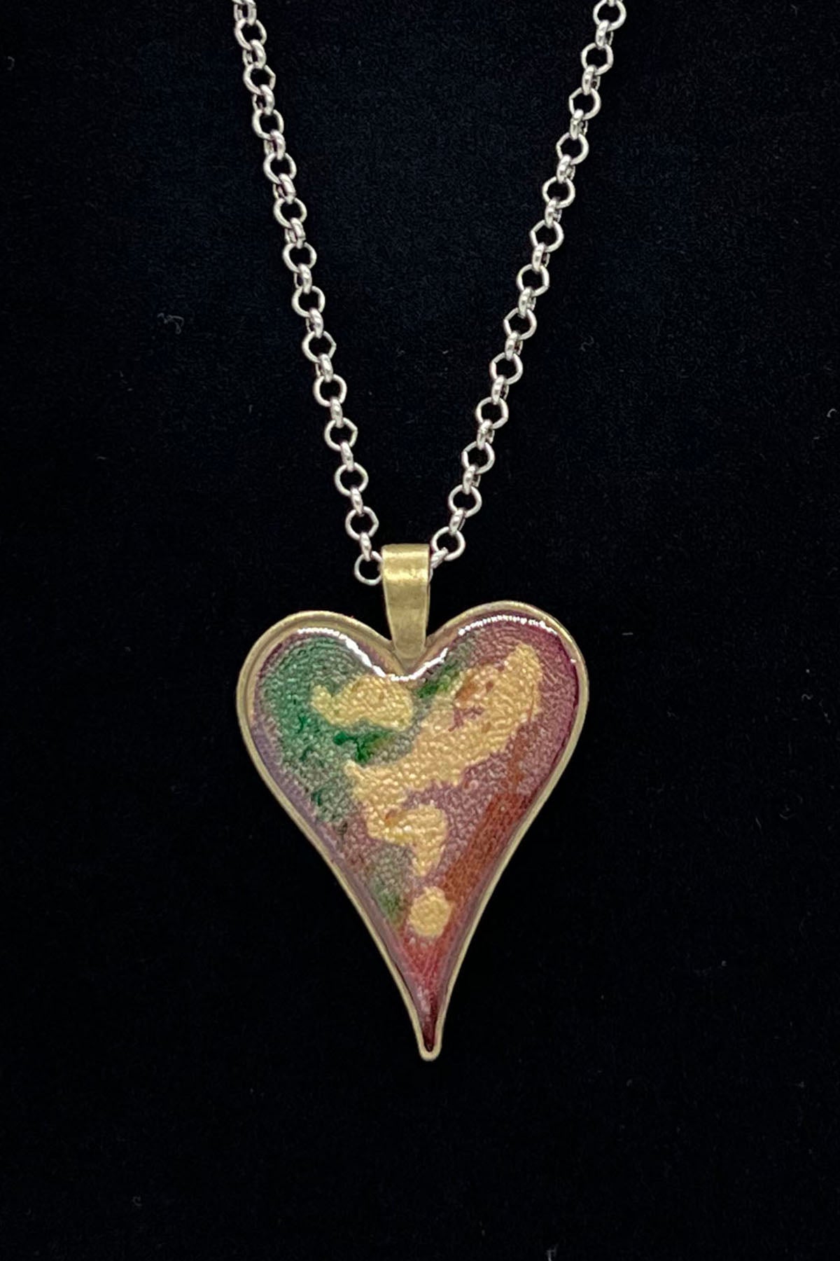 Heart Pendant Necklace (bronze) with gold, red, green Original Jewelry Art