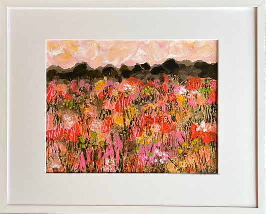 Pink Wildflower Meadow Original Mixed Media Landscape Painting