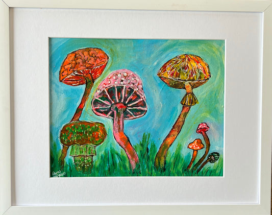 Shrooms Dancing On A Sunny Day Original Mixed Media Floral Painting