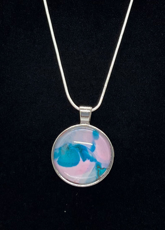 Round Cabochon Dome Necklace (silver) with blue and pink Original Jewelry Art