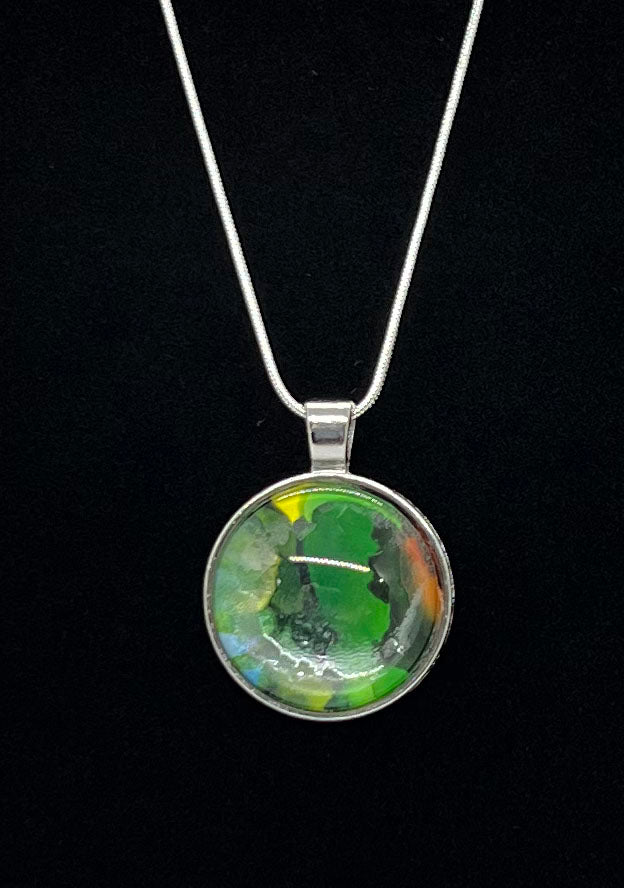 Round Cabochon Dome Necklace (silver) with green, silver, yellow Original Jewelry Art