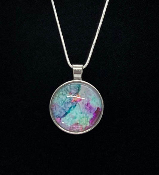 Round Cabochon Dome Necklace (silver) with medium and light blue, purple Original Jewelry Art