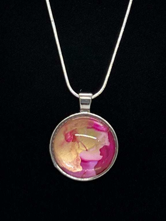 Round Cabochon Dome Necklace (silver) with pink, magenta, gold Original Jewelry Art