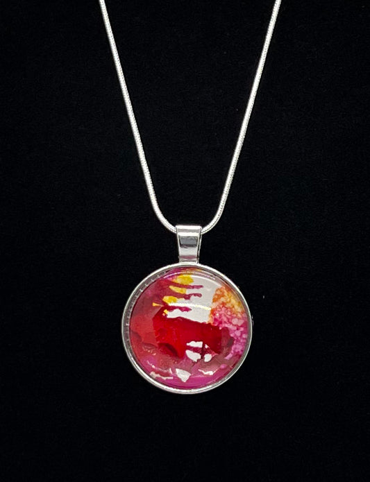 Round Cabochon Dome Necklace (silver) with pink, red, yellow Original Jewelry Art