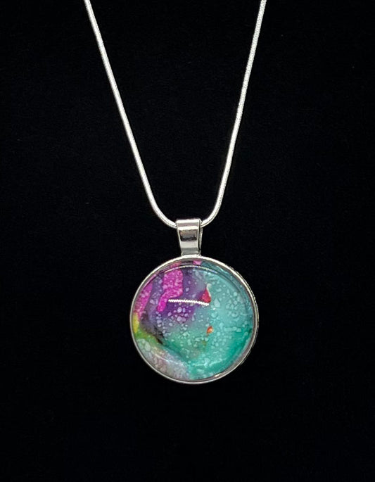 Round Cabochon Dome Necklace (silver) with purple, pink, blue Original Jewelry Art