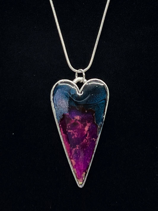Heart Pendant Necklace (silver) with blue, purple, pink Original Jewelry Art