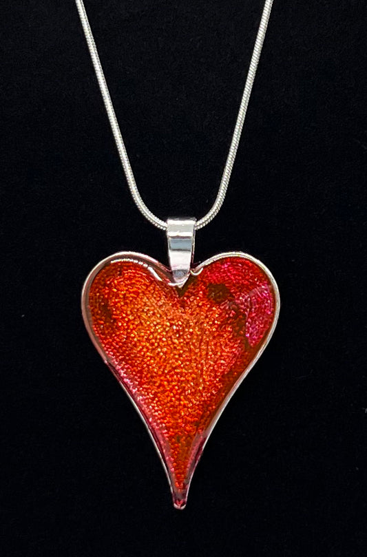 Heart Pendant Necklace (silver) with orange, yellow, red Original Jewelry Art