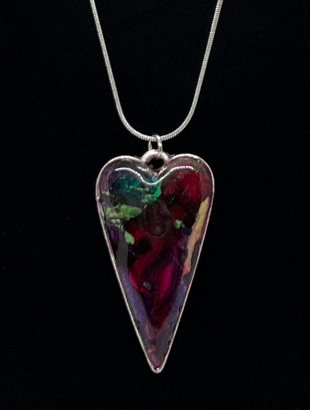 Heart Pendant Necklace (silver) with red, purple, green Original Jewelry Art