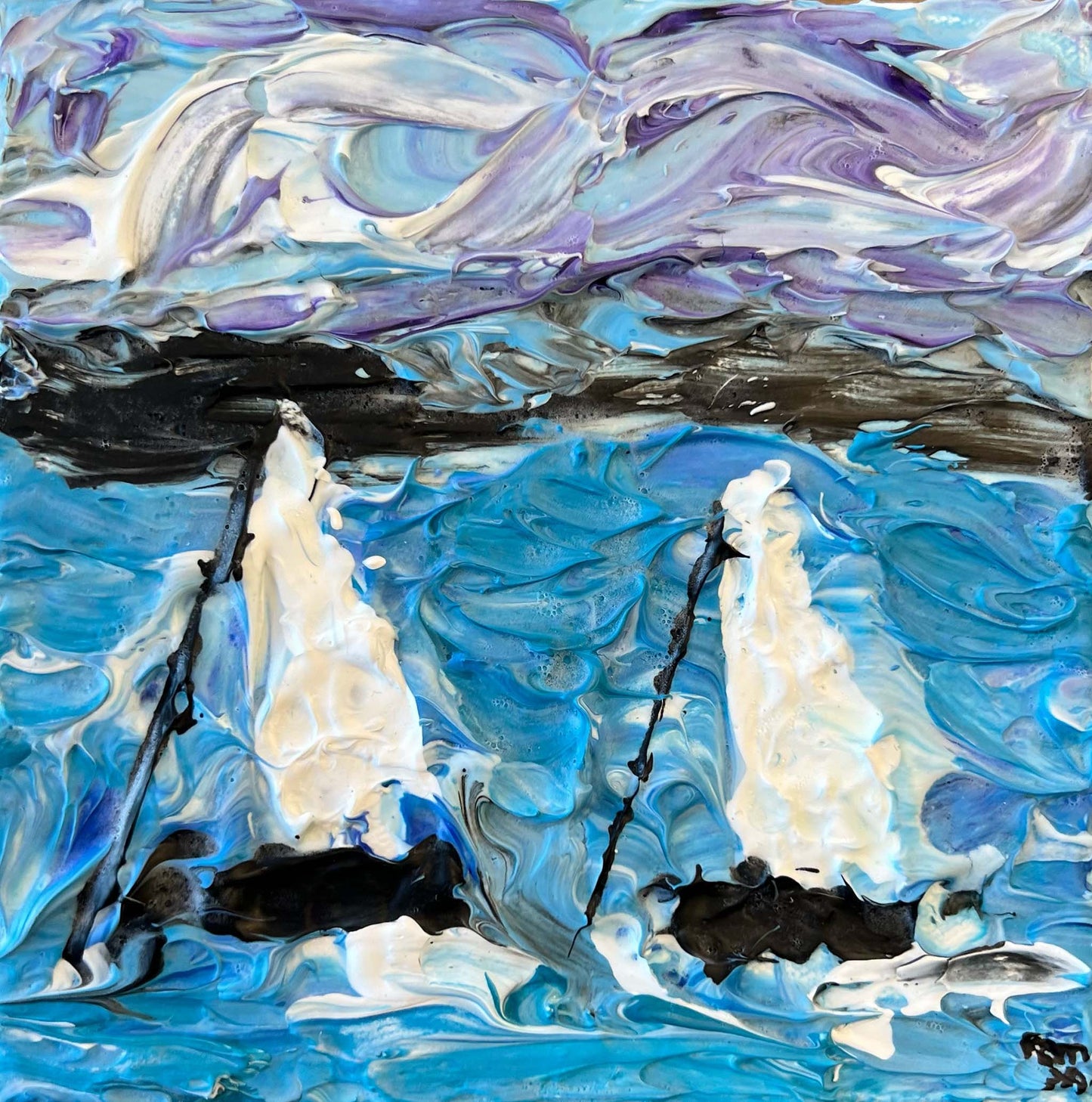 acrylic impasto landscape painting of sailboats at sea with purple sky