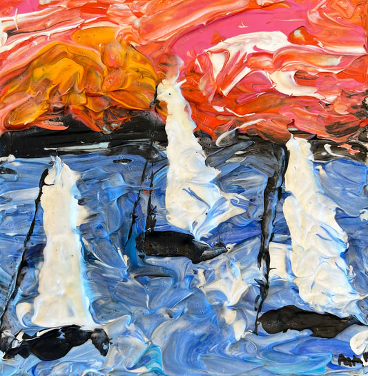 acrylic impasto landscape painting of sailboats at sea with orange sky
