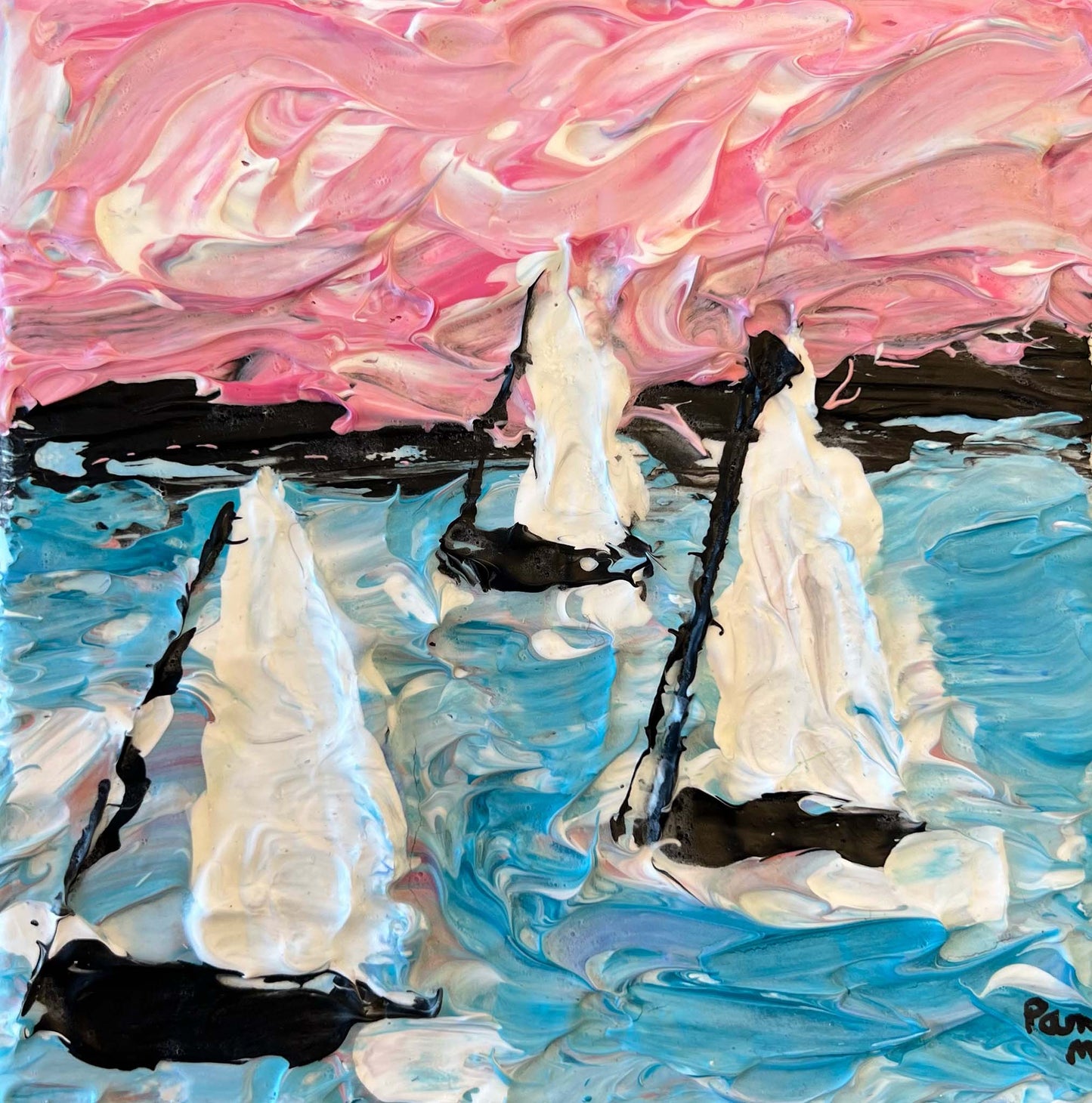acrylic impasto landscape painting of sailboats at sea with pink sky