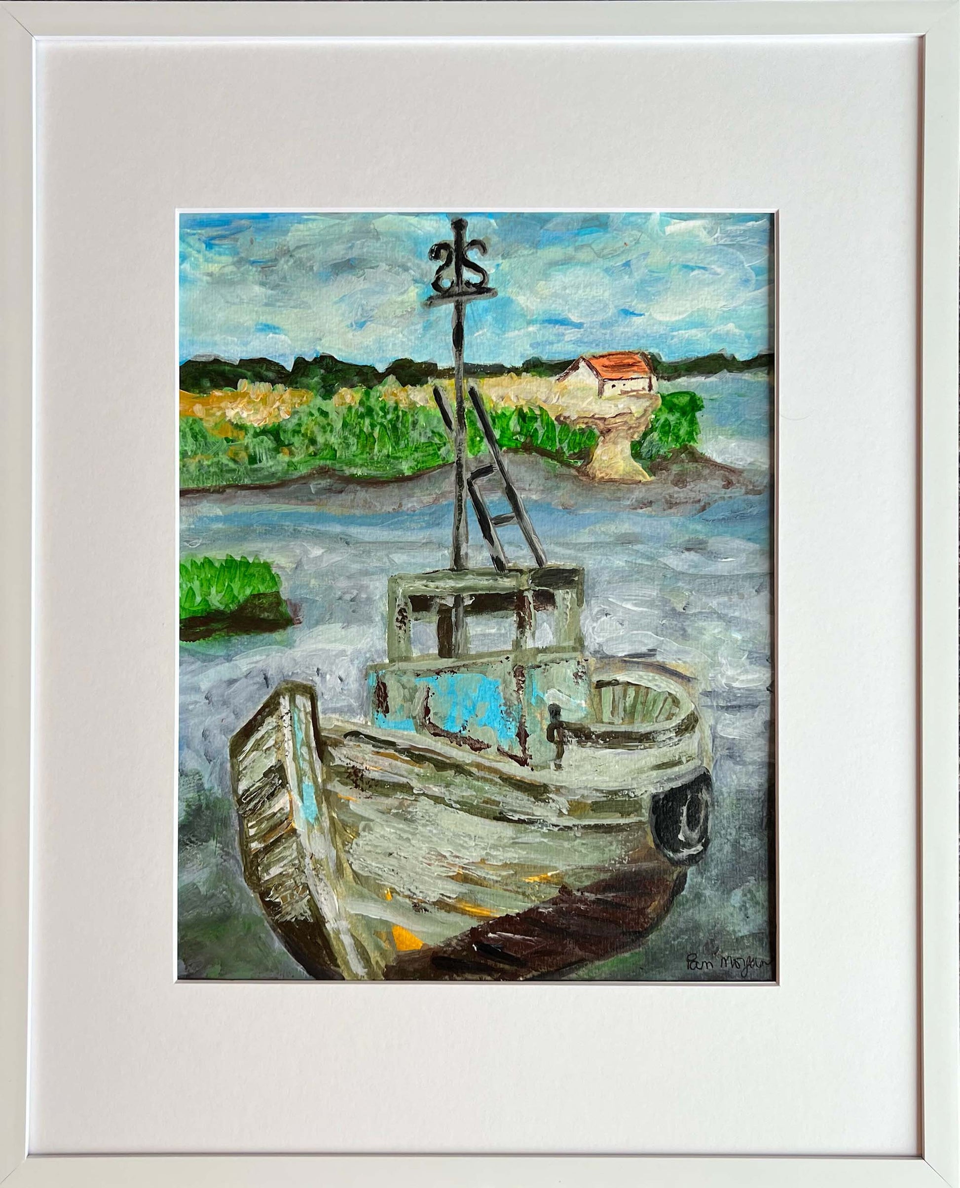 acrylic landscape painting of a small boat in a grassy bay