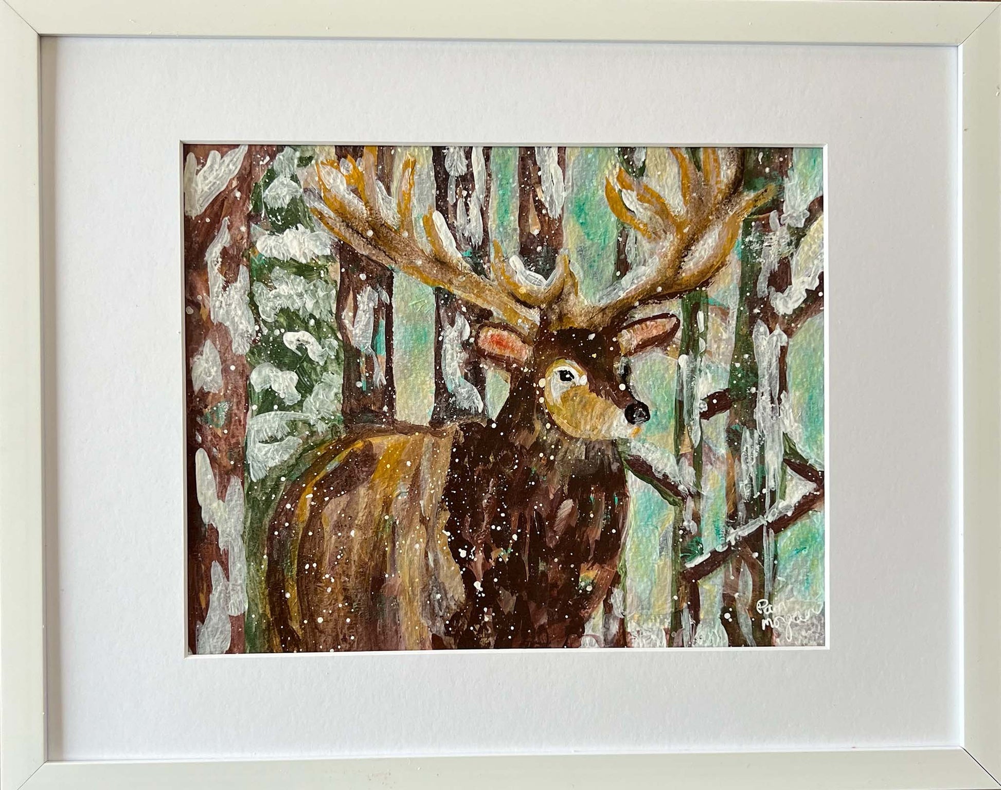 acrylic animal painting of brown deer in snowy forest