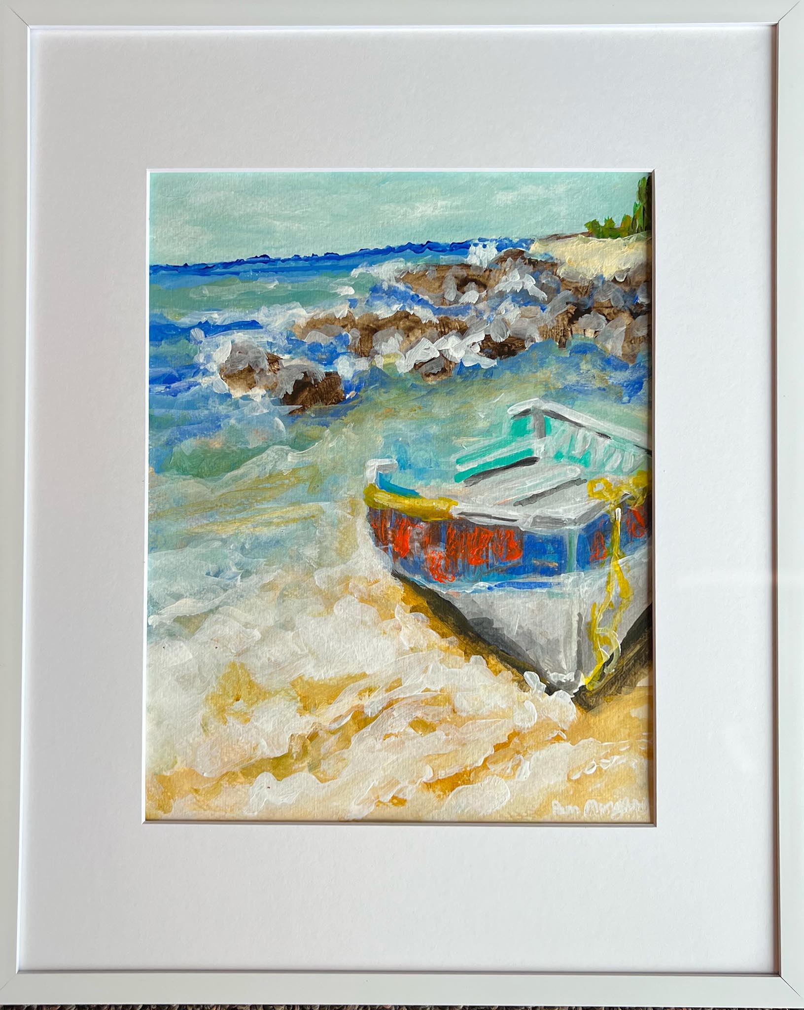 acrylic landscape painting of a boat that washed ashore on a beach