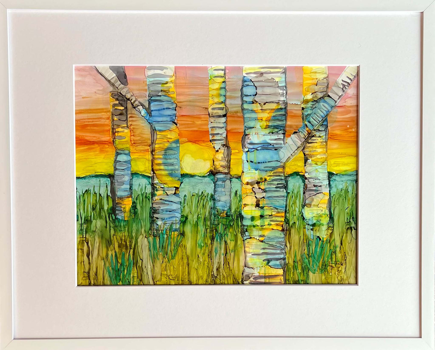 alcohol ink landscape painting of colorful birch trees at sunset