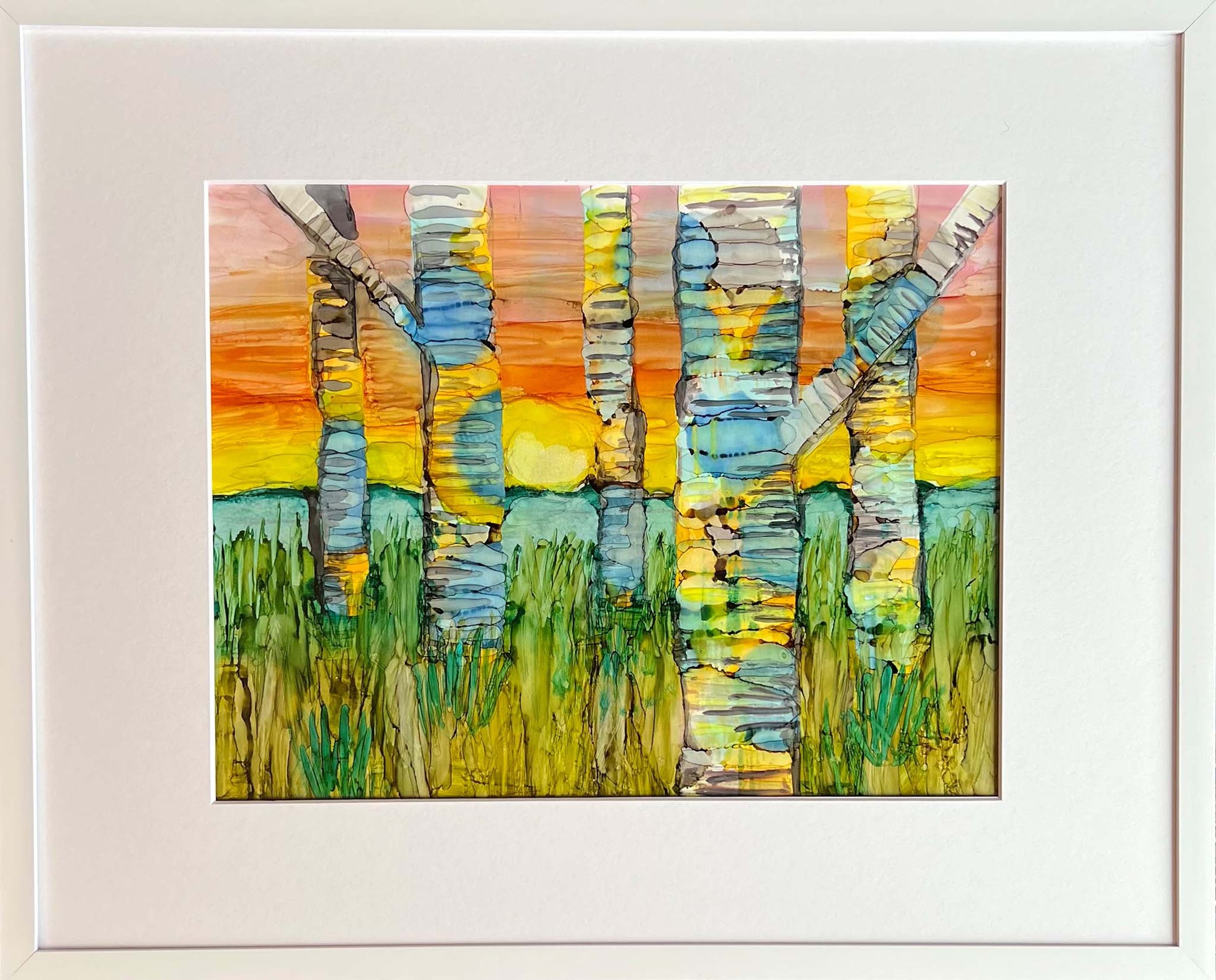 alcohol ink landscape painting of colorful birch trees at sunset