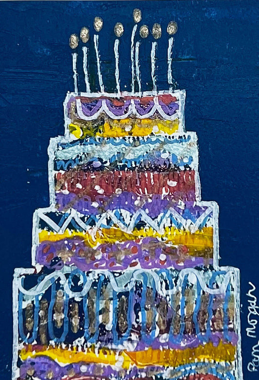 birthday card featuring painting of 4 tiered cake on blue background