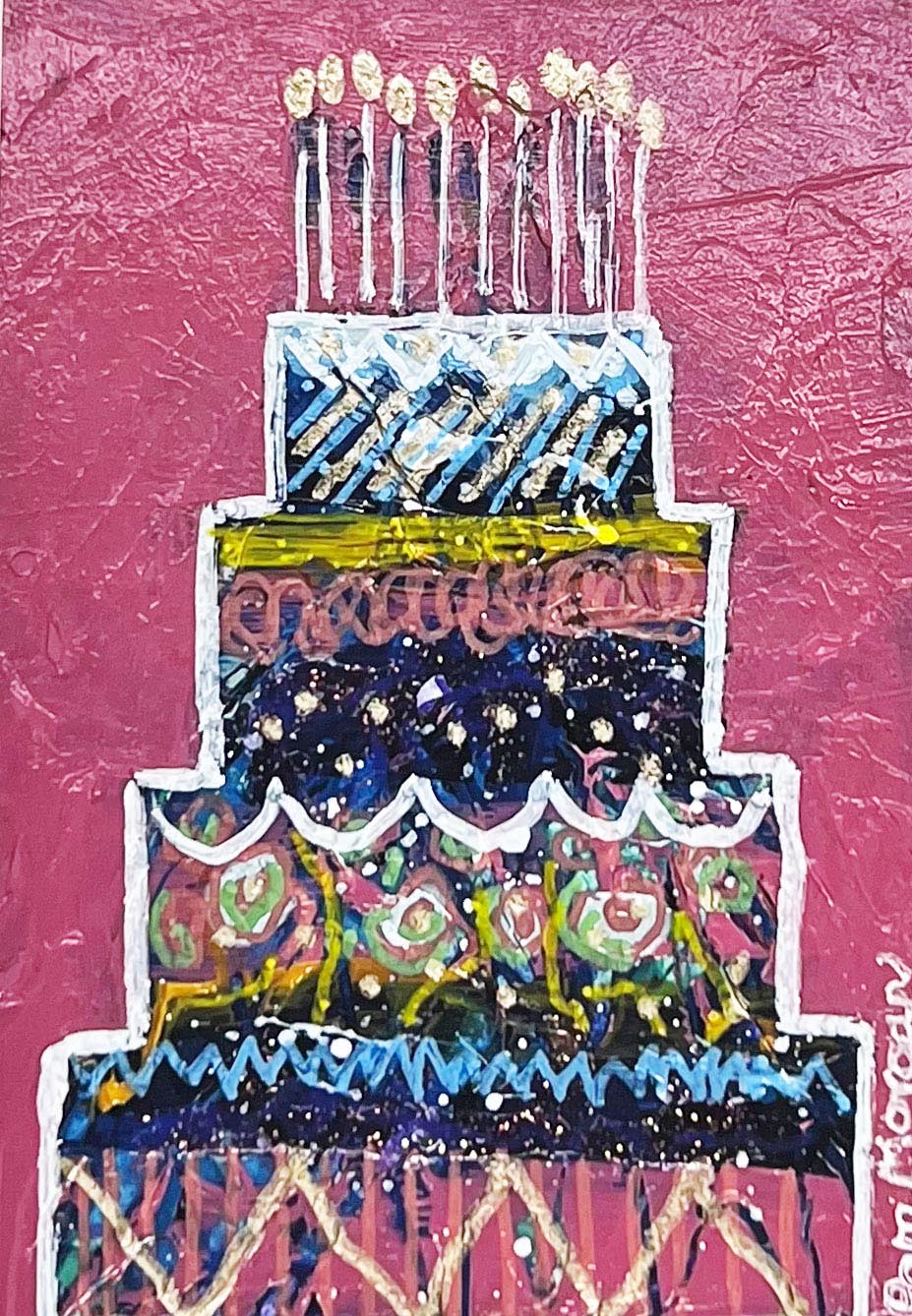 birthday card featuring painting of 4 tiered cake on pink background