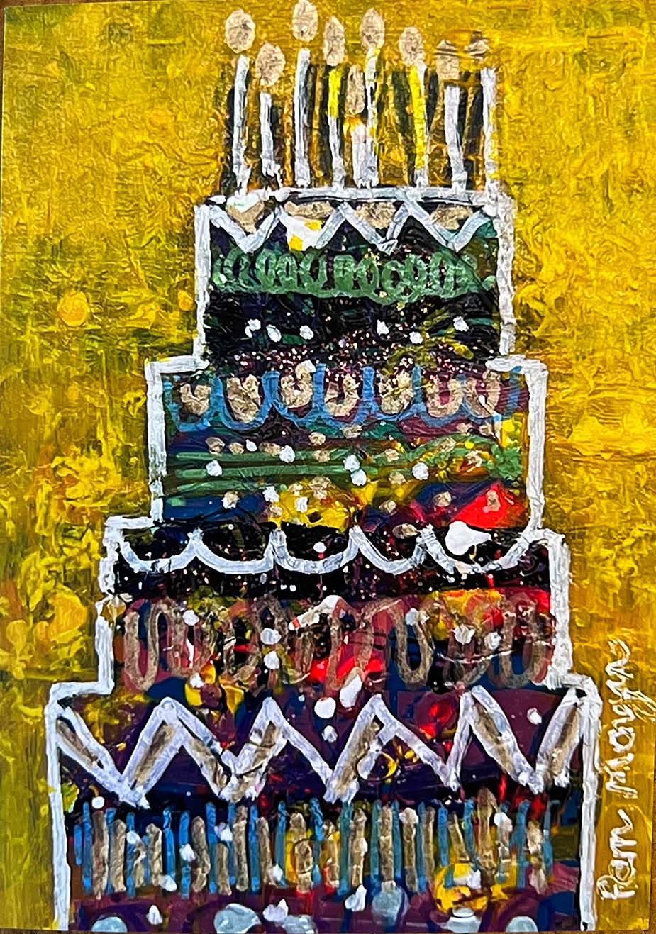 birthday card featuring painting of 4 tiered cake on yellow background