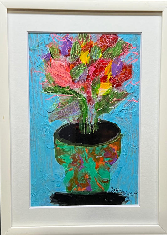 mixed media floral painting of blue green and red potted flowers