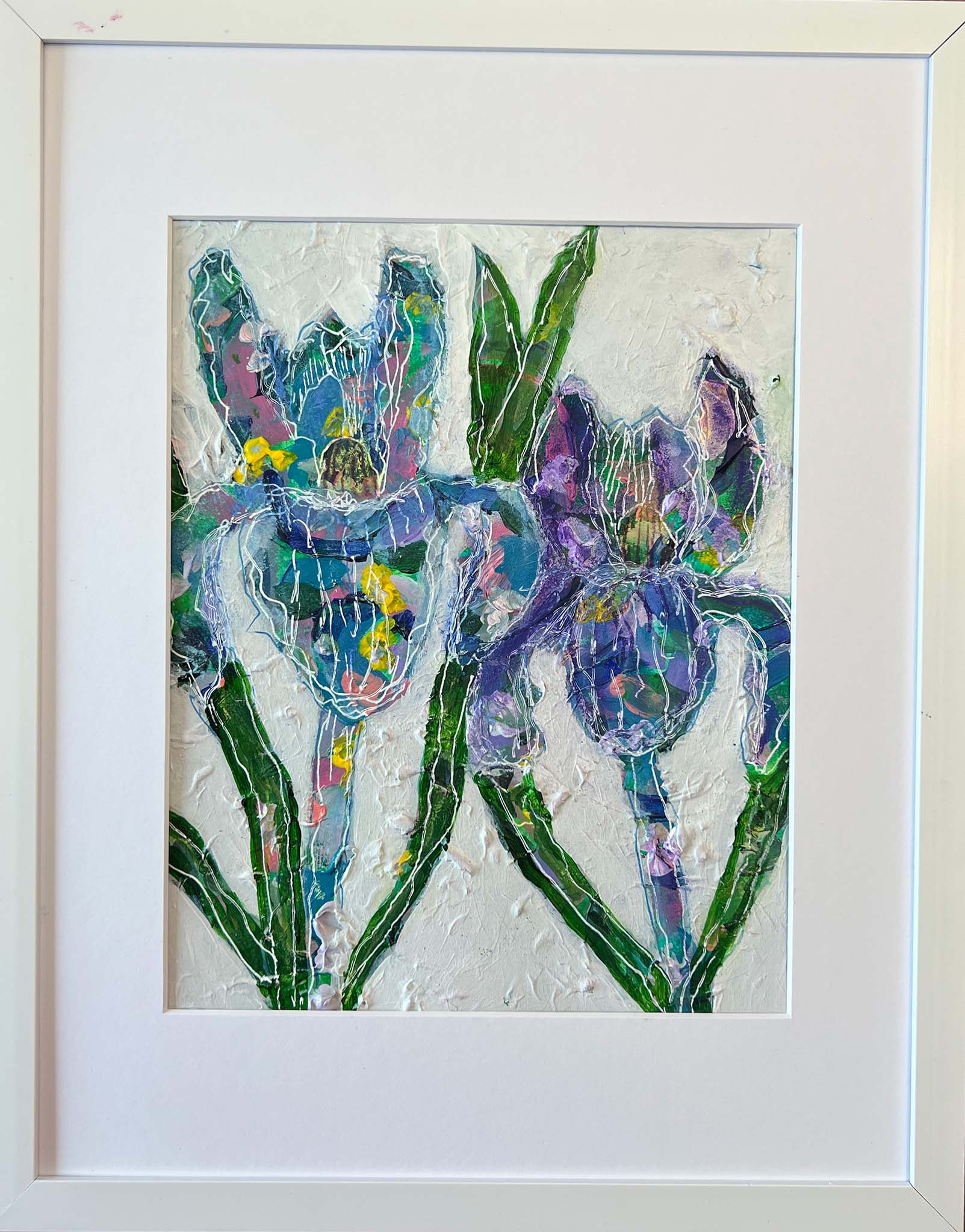 mixed media floral painting of two purple and blue irises