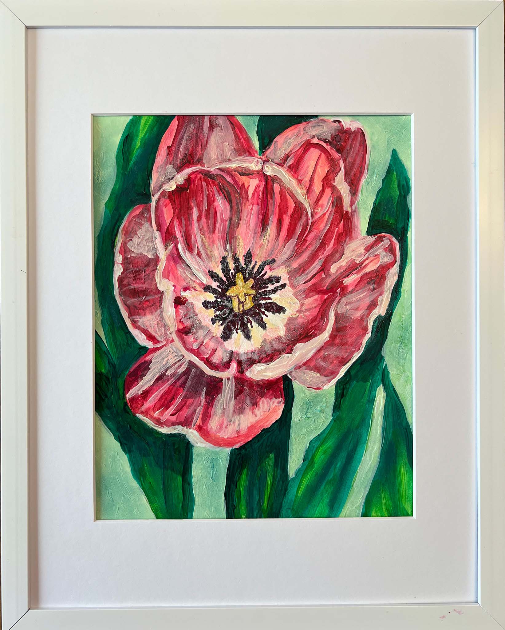 mixed media floral painting of a red tulip opening its petals