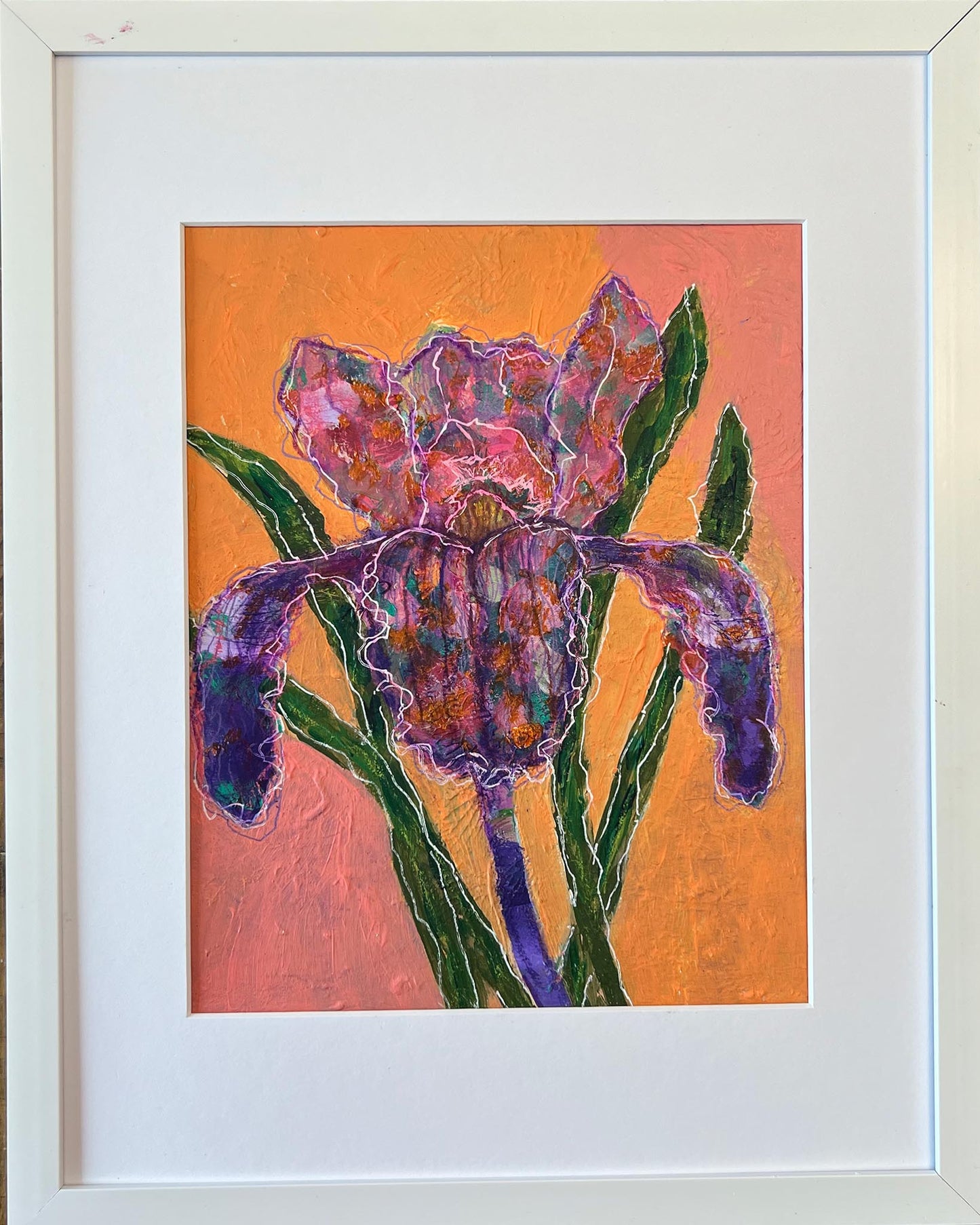 mixed media floral painting of purple iris