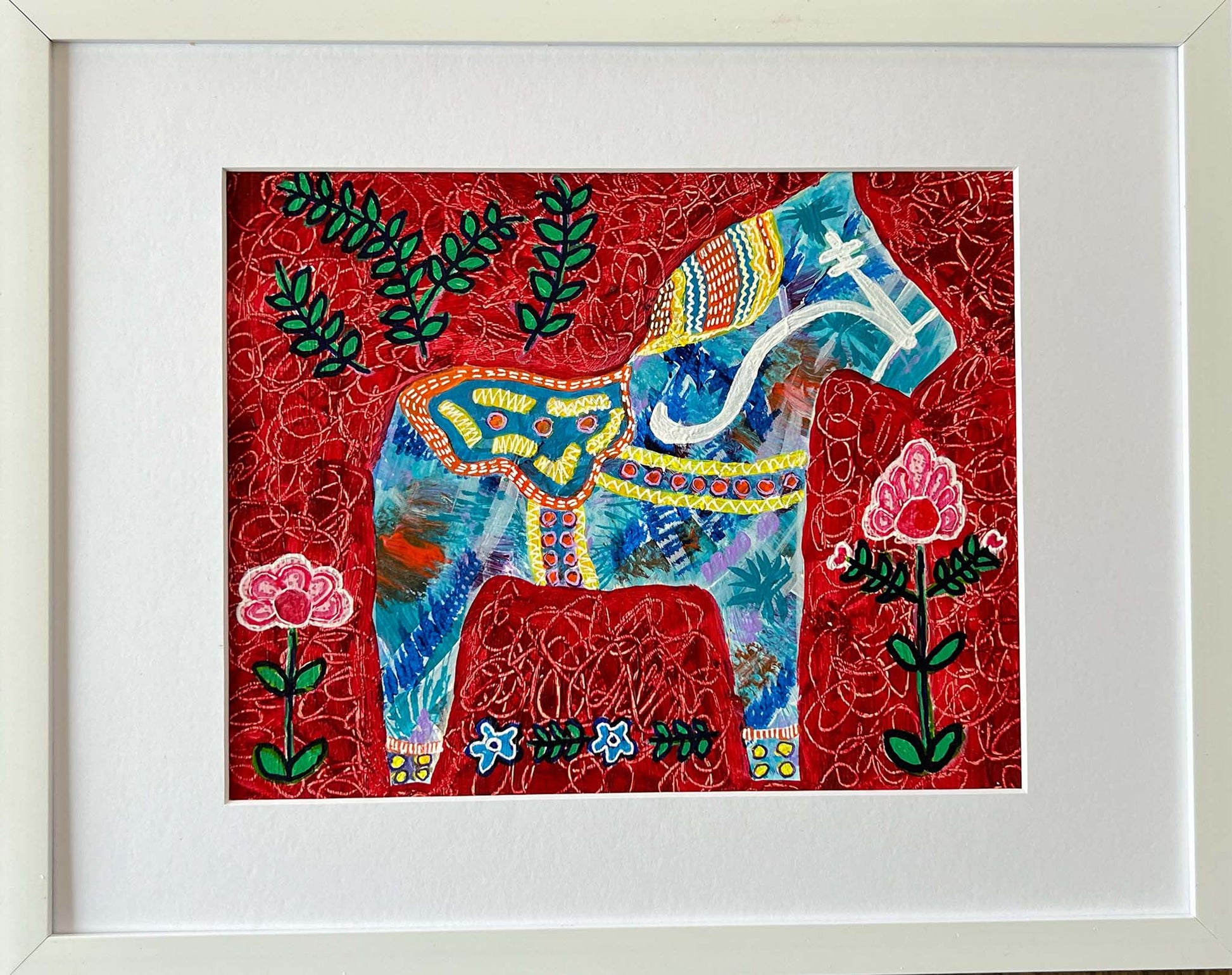 mixed media animal painting of red dala horse