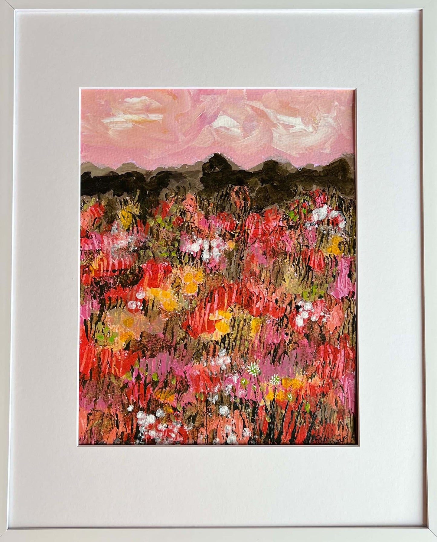 mixed media landscape painting of a wildflower meadow and mountains