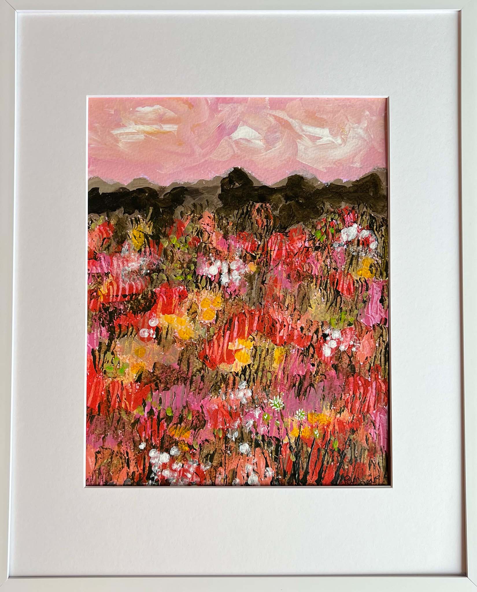 mixed media landscape painting of a wildflower meadow and mountains