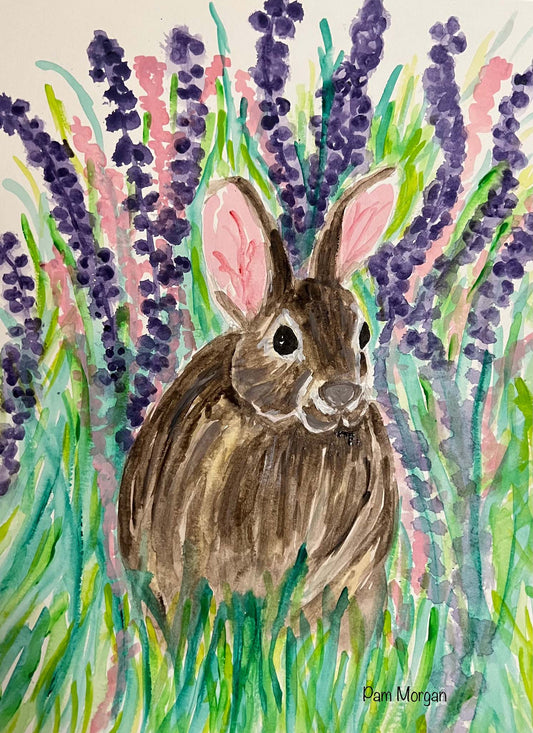watercolor animal painting of a bunny in a flower garden