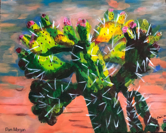 acrylic landscape painting of green cactus in colorful desert