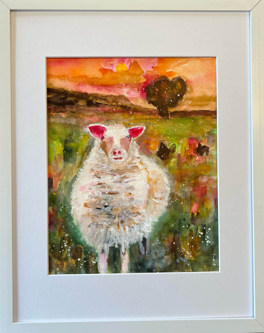 watercolor animal painting of sheep in field