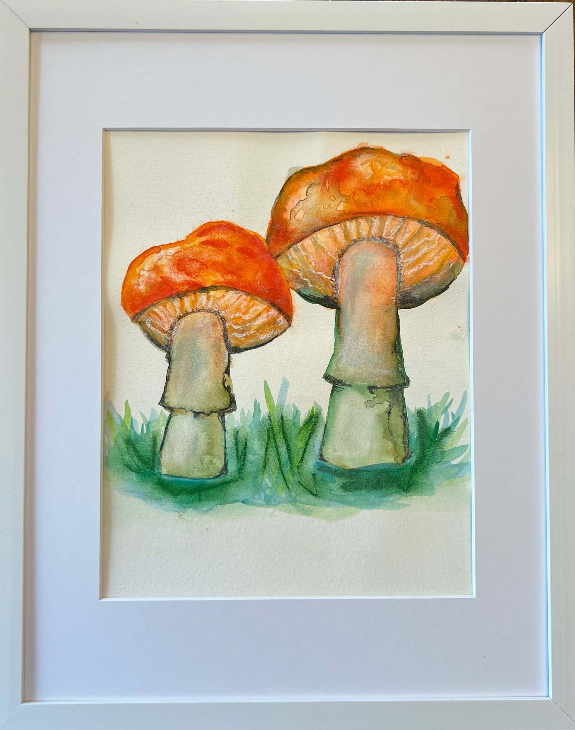 watercolor floral painting of two orange and yellow mushrooms
